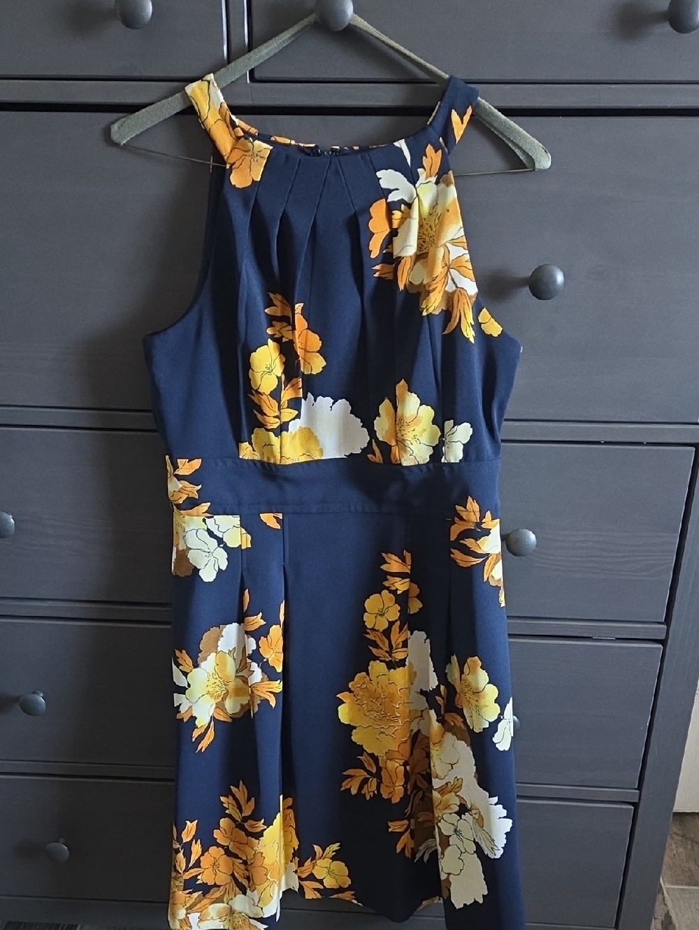 Dress Barn Navy Midi Dress with Yellow Floral Print